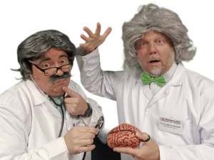 Die Brainhacker – zwei Professoren mit Gehirnwellen-Verstärker in einer 30-minütigen Wissenschafts- und Telepathie-Comedyshow für Firmenevents.